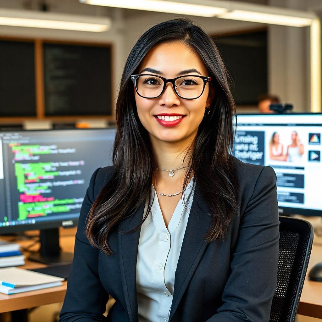 App dev female staff on her workstation in smily face and glasses