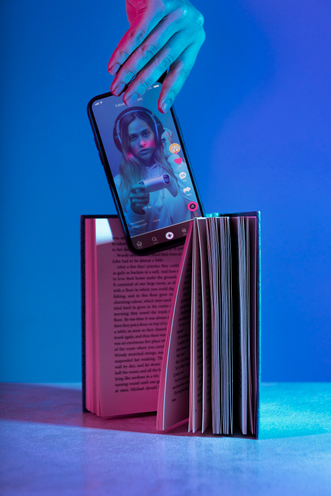 Still life of books versus technology flutter app development