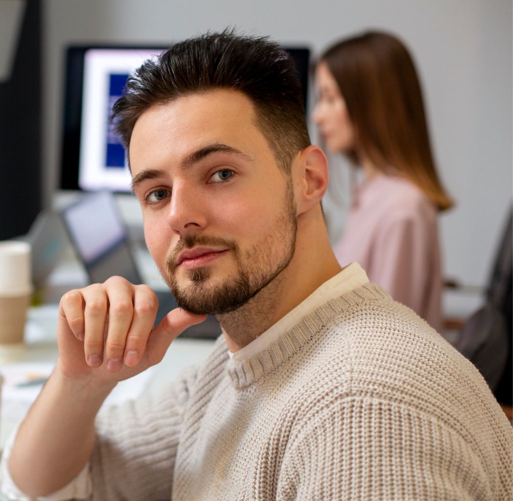 web application development male staff profile picture at his office desk