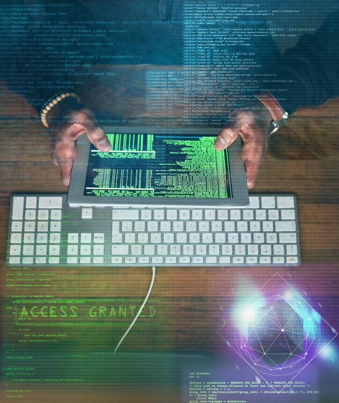 Hacking man hands and tablet screen with gaming software code access and password success in data overlay Online hacker cyber thief or coding person hacking on digital programming or computer app