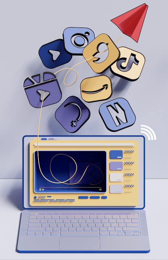 Communication and social media icons with laptop device displaying custom wordpress website development concept